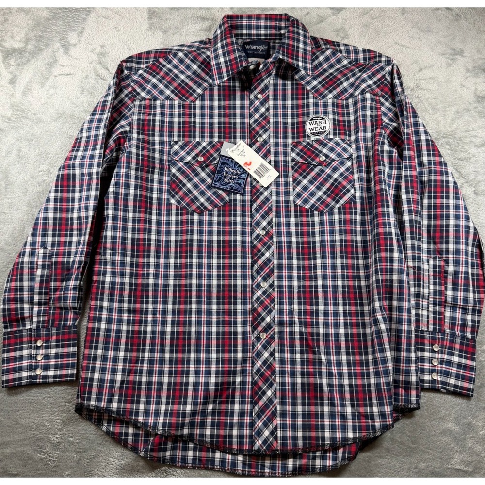 NWT Wrangler Western Shirt 16.5/33 Plaid Pearl Snap Wash N Wear Cowboy
